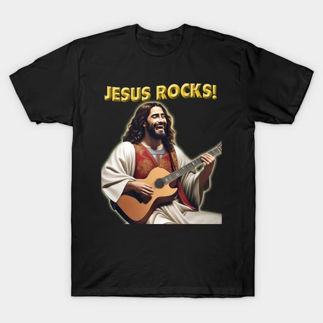 Jesus Rocks Jesus Playing Guitar Share Your Faith Christian T-Shirt by DonnaPeaches